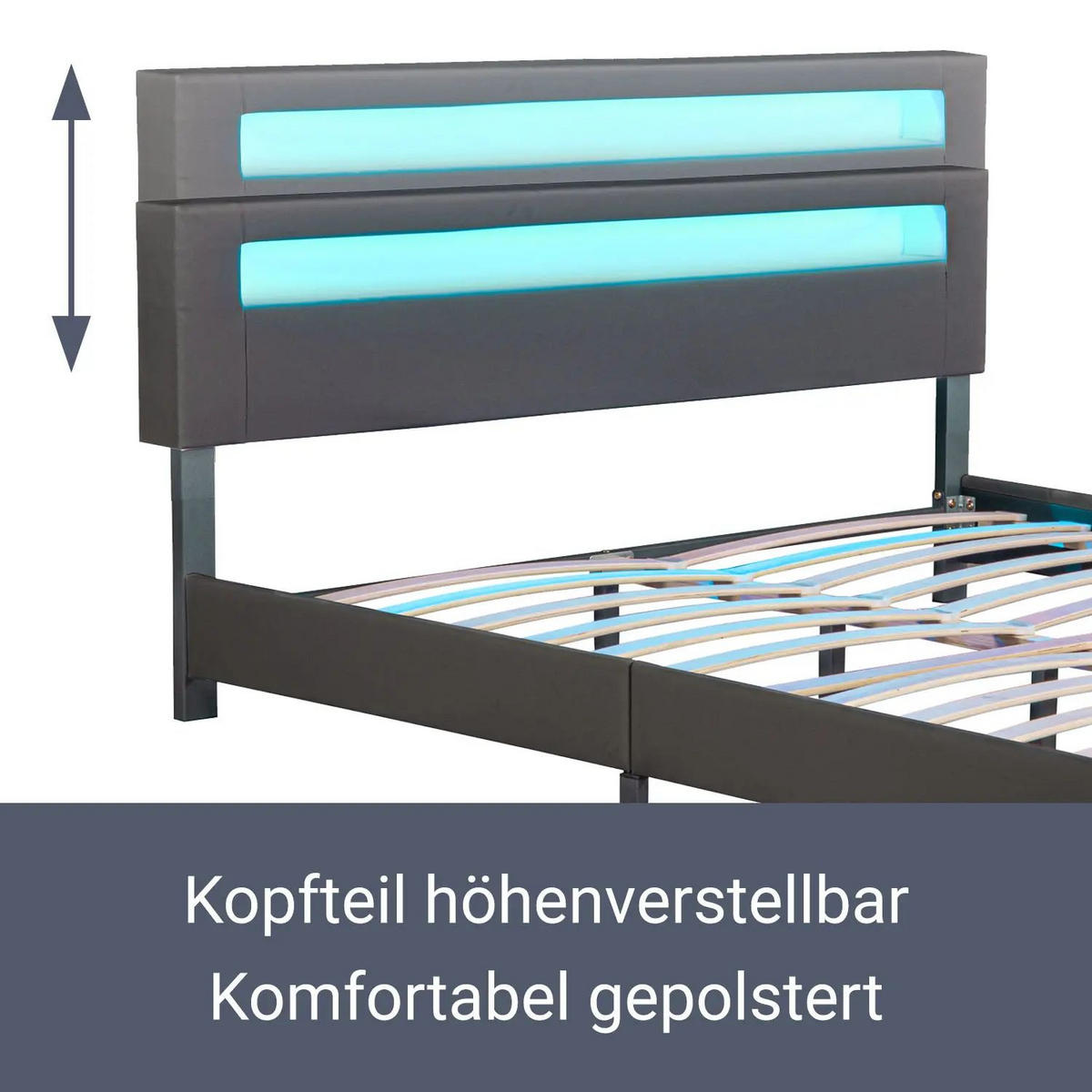 POLSTERBETT Paris dunkelgrau 180x200cm mit Matratze und LED (16 Farben) - Grau, Textil (180/200cm) - Juskys