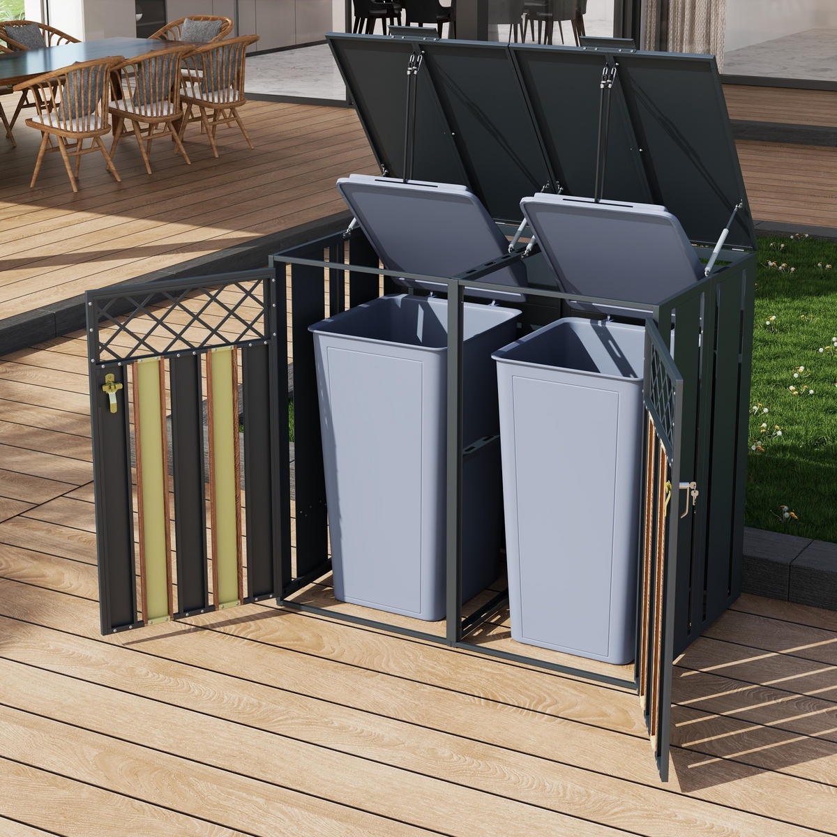 MÜLLTONNENBOX Klappdeckel 2 Türen Lüftung - Grau, Metall (132/118.5/80cm) - LEBENLANG