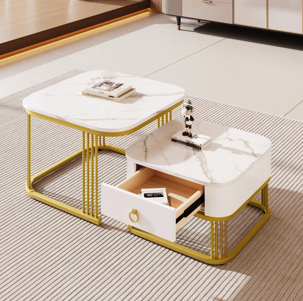 COUCHTISCH 2‑teilig MDF Hochglanz Marmoroptik mit goldenen Metallakzenten und Schublade 60/60/45 + 50/50/34 cm, Weiß und Gold - Weiß, Holzwerkstoff (60/60/45cm) - Redom