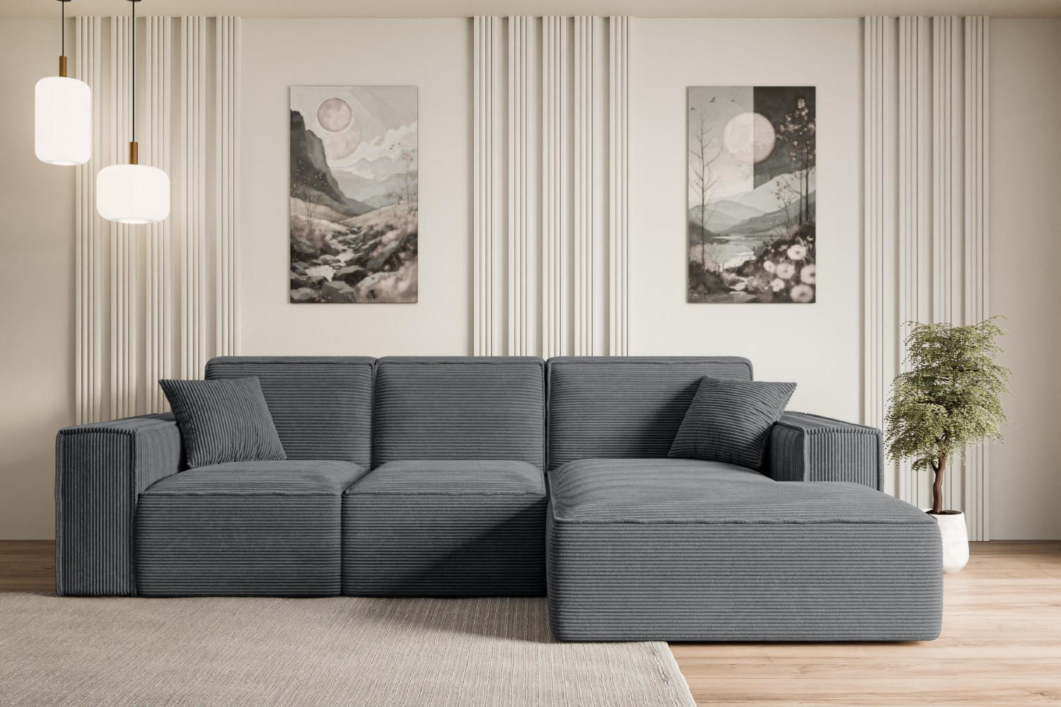 ECKSOFA Ottomane Rechts SERRA-L - 266x165x73 cm Dunkelgrau Cord - Dunkelgrau/Schwarz, Holzwerkstoff/Kunststoff (266/165cm) - ALTDECOR