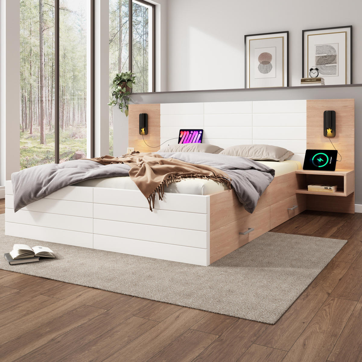 POLSTERBETT aus Massivholz und MDF 180x200 cm in Weiß mit USB & Leselampe - Weiß, Holzwerkstoff (180/200cm) - Modfu