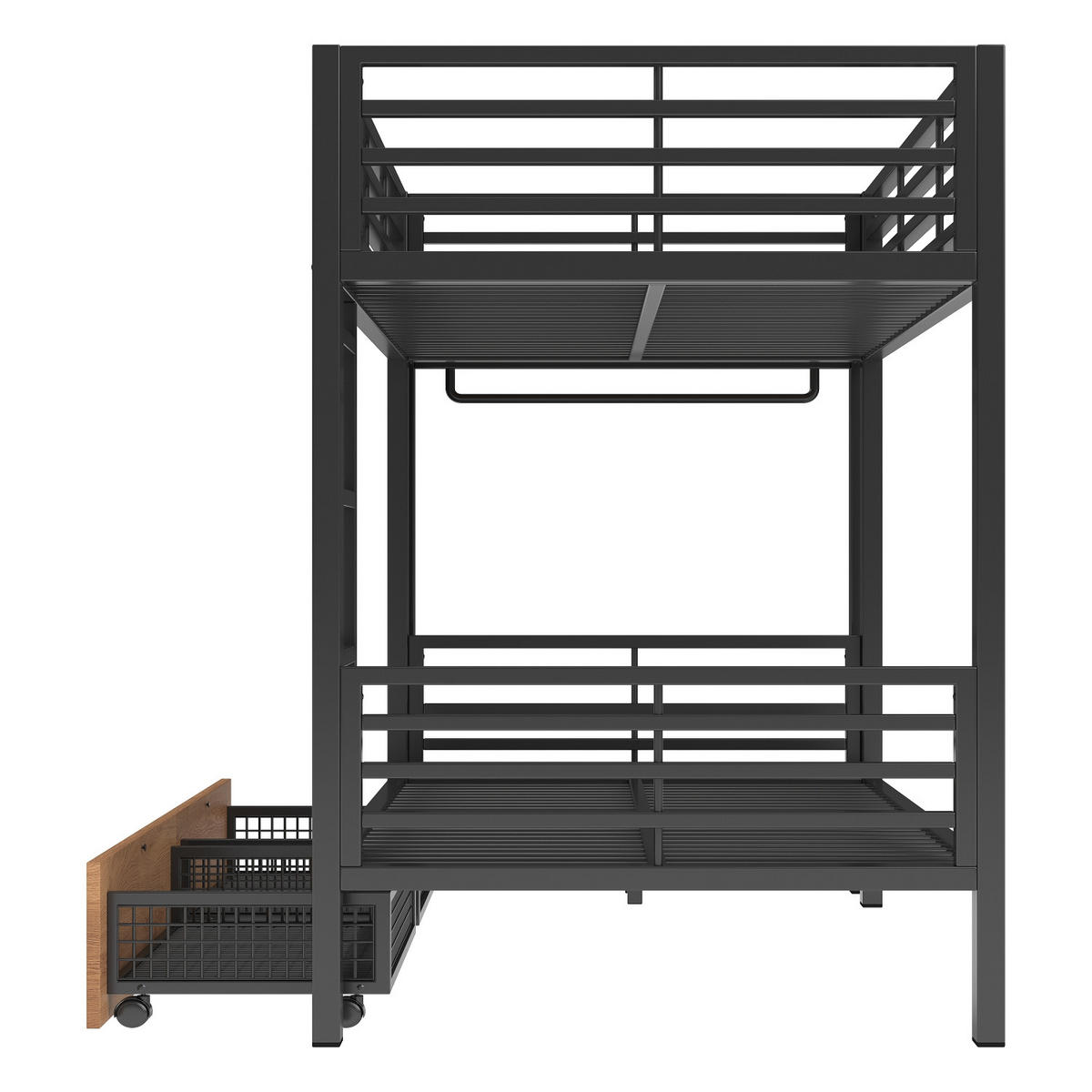 ETAGENBETT 90/200 cm Schwarz mit 4 Schubladen, LED-Lichtleiste und Kleiderstange - Schwarz, Metall (90/200cm) - Oxeza