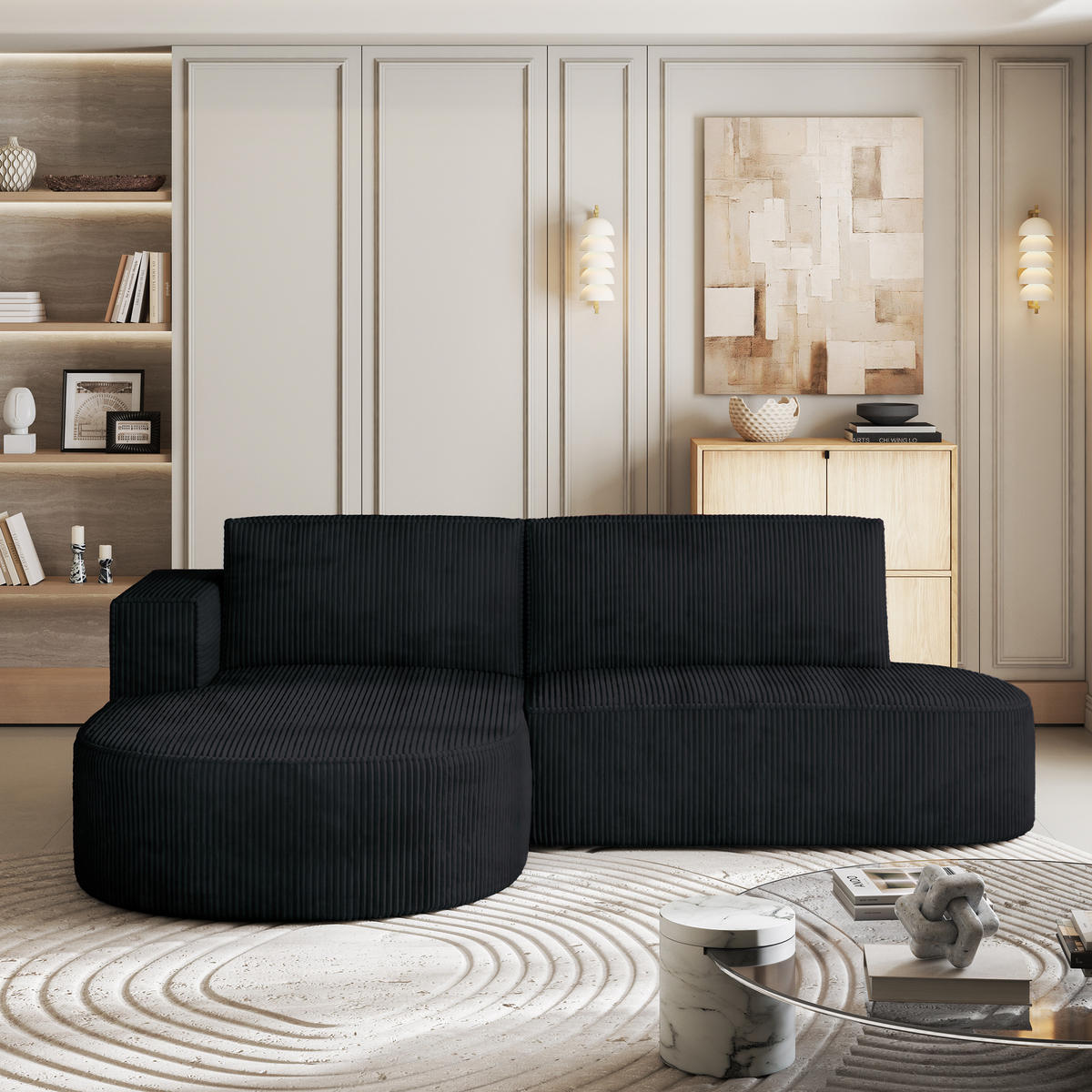 ECKSOFA CORTIO P L-S Schwarz Kordstoff mit Schlaffunktion - Schwarz, Holz (265/174cm) - MASSENO