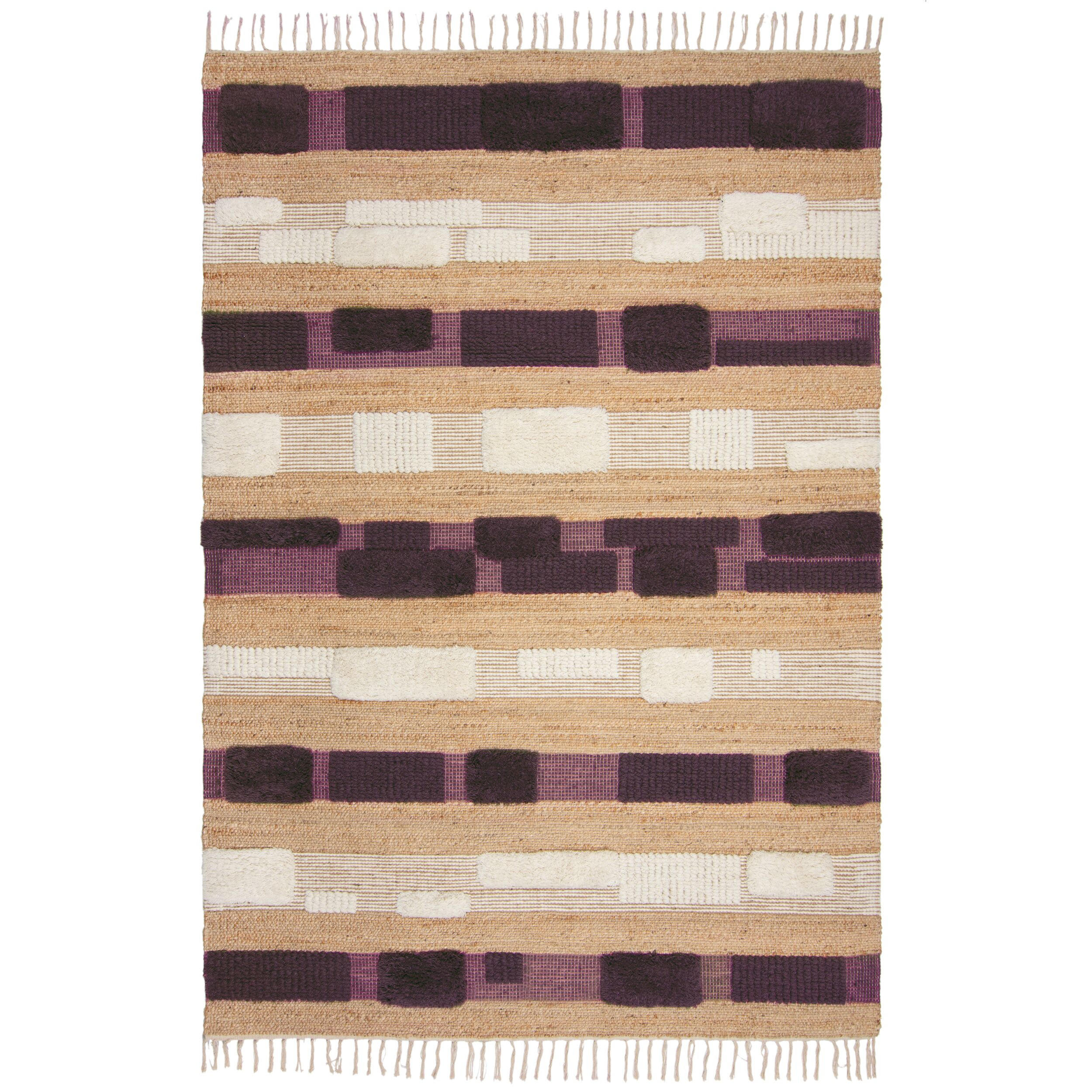 TEPPICH Hoch-Tief Struktur Gestreift, Patchwork-Optik, mit Fransen wendbar, Esszimmer schmutzabweisend Natur-Lila Rechteckig 160x230 - Lila, Textil (230/160cm) - KADIMA DESIGN
