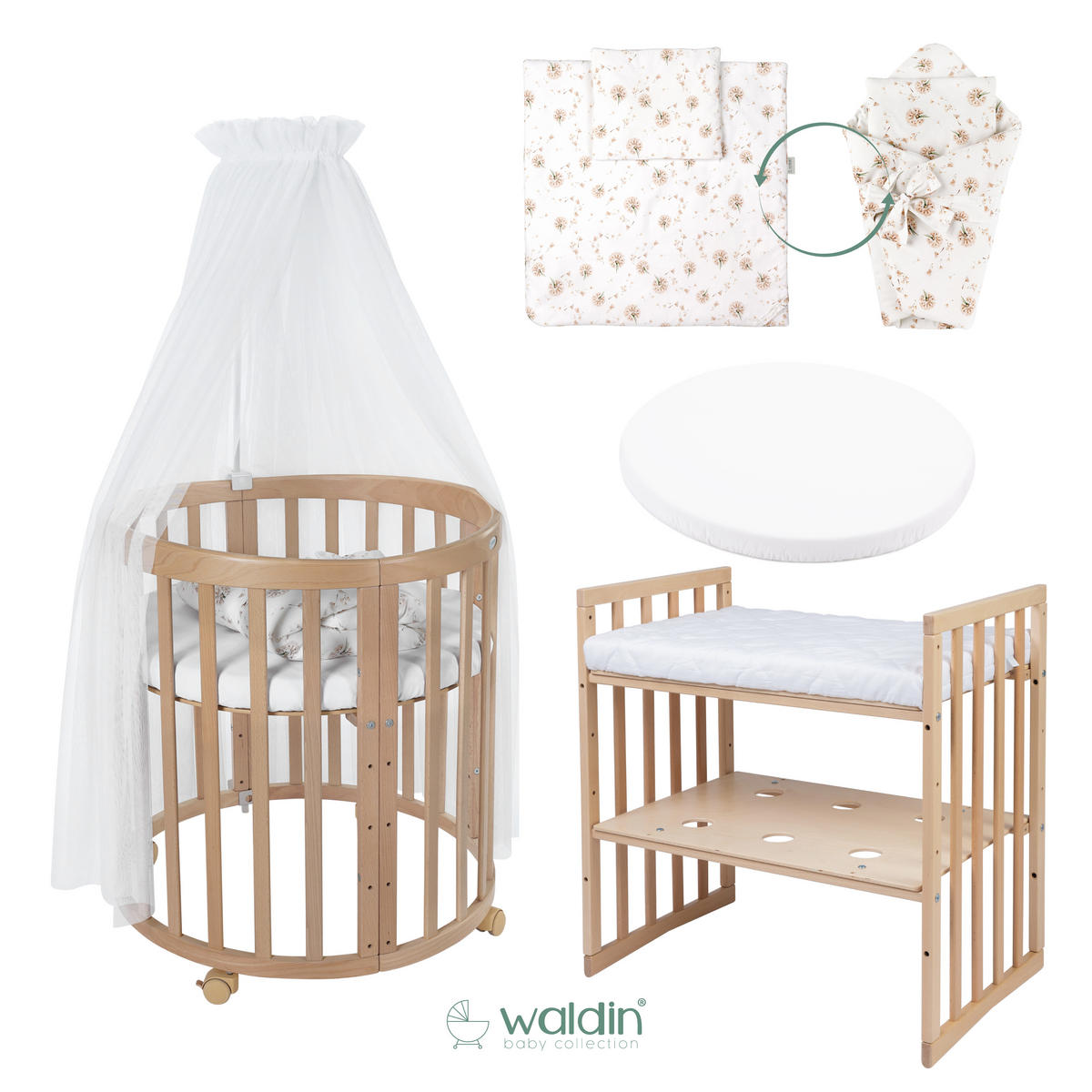 BABYBETT NATUR OVAL 7in1 mit Matratze und Himmelset - Naturfarben/Weiß, Holz/Textil