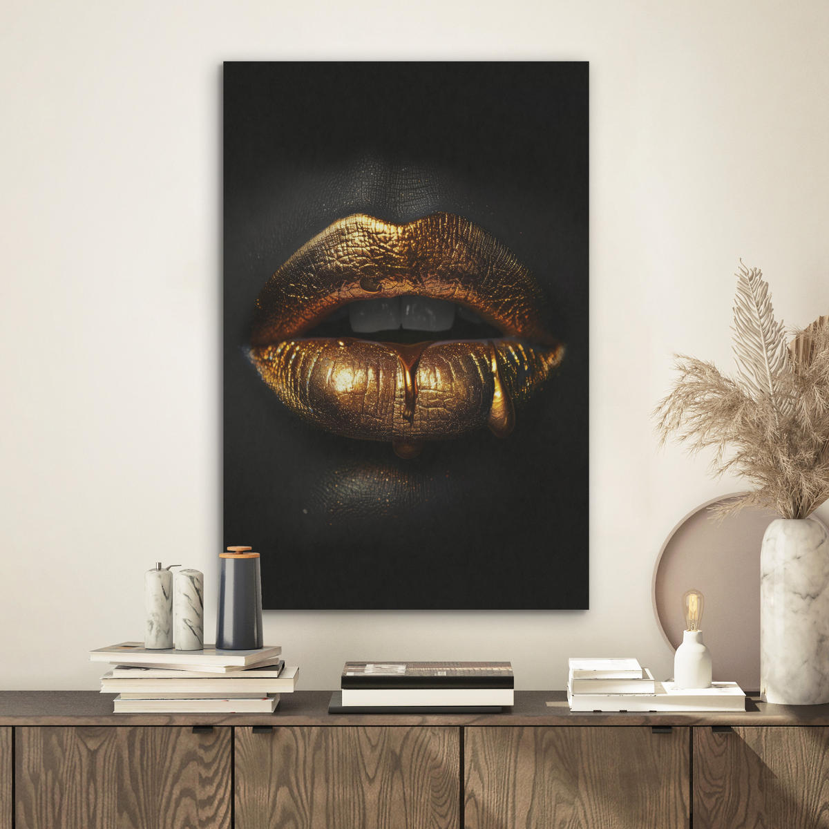 AKUSTIKBILD Frau - Porträt - Lippen - Gold - Schwarz Kunstdruck Schlafzimmer 50x70 cm - Schwarz, Kunststoff (50/70/0.9cm) - MuchoWow