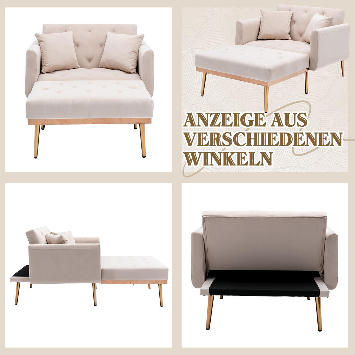 SCHLAFSOFA Zweisitzer,Relaxsessel mit Schlaffunktion,ausziehbar,Samt,Beige - Beige, Textil (90/77/165cm) - LVHOM