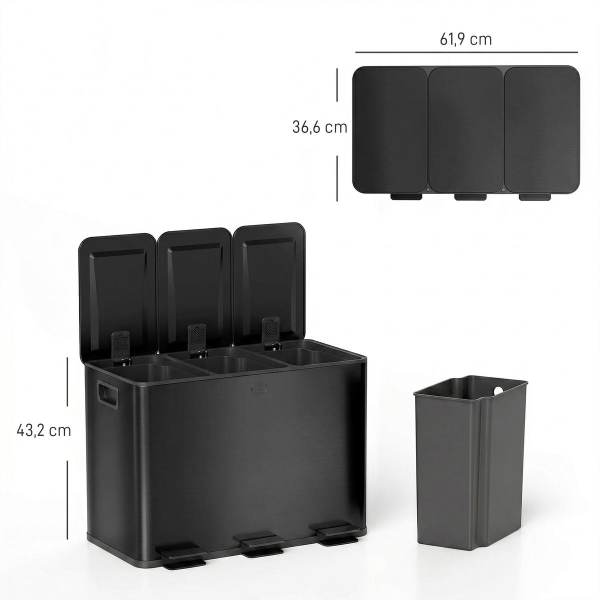 MÜLLEIMER 3 Fächer, Edelstahl Schwarz, Soft-Close, 61,9/36,6/43,2 cm - Schwarz, Metall (36.6/43.2/61.9cm) - Rolipo