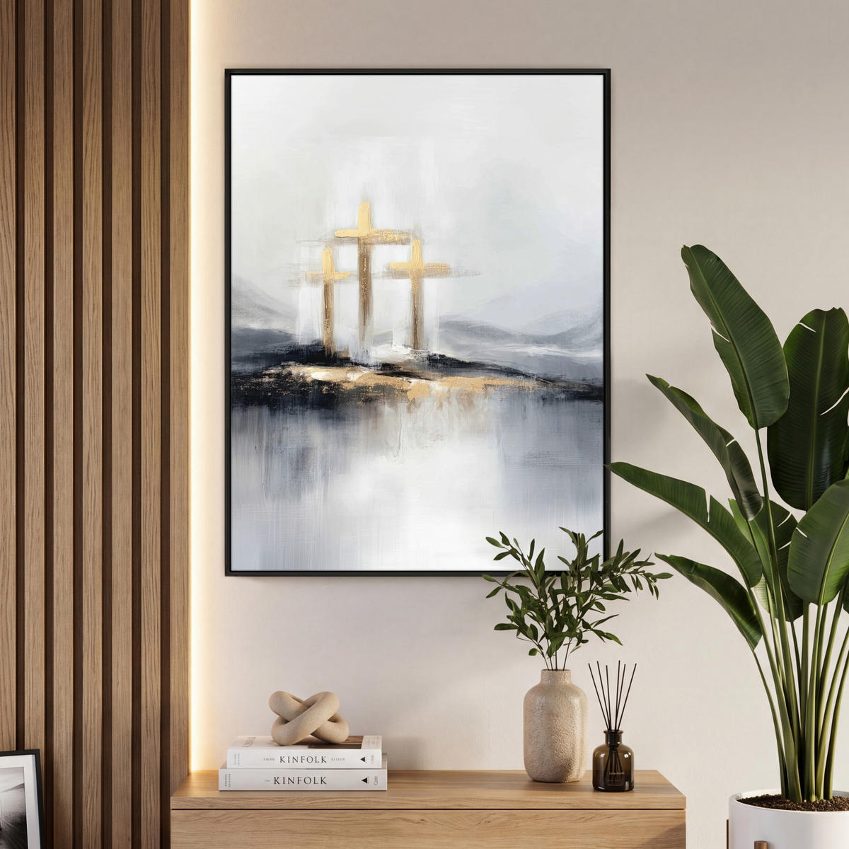 LEINWAND Bilder mit Rahmen - Abstrakt - Malerei - Christentum - Kreuz - 70x100 - Weiß, Textil (70/100cm) - MuchoWow