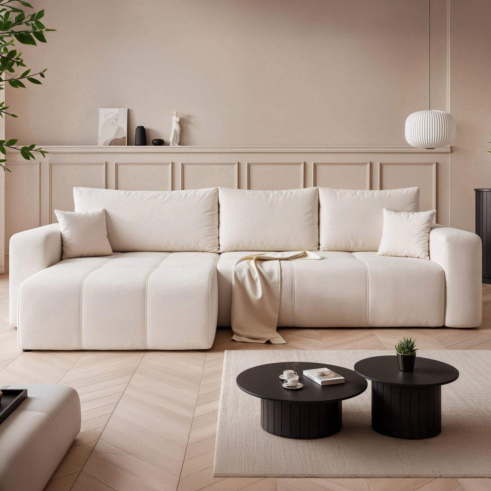 ECKSOFA XL Velours mit Bettkasten und Schlaffunktion - Creme, Holzwerkstoff/Textil (278/145cm) - Idohome