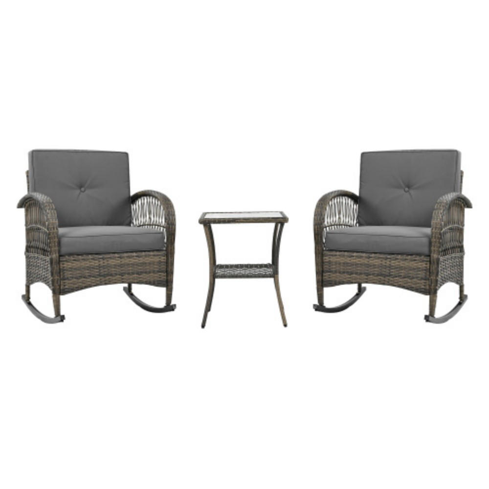 BALKONSET 3-tlg,BISTRO SET,PE-Rattan Schaukelstuhl,für 2 Personen,Grau - Grau, Metall - LVHOM