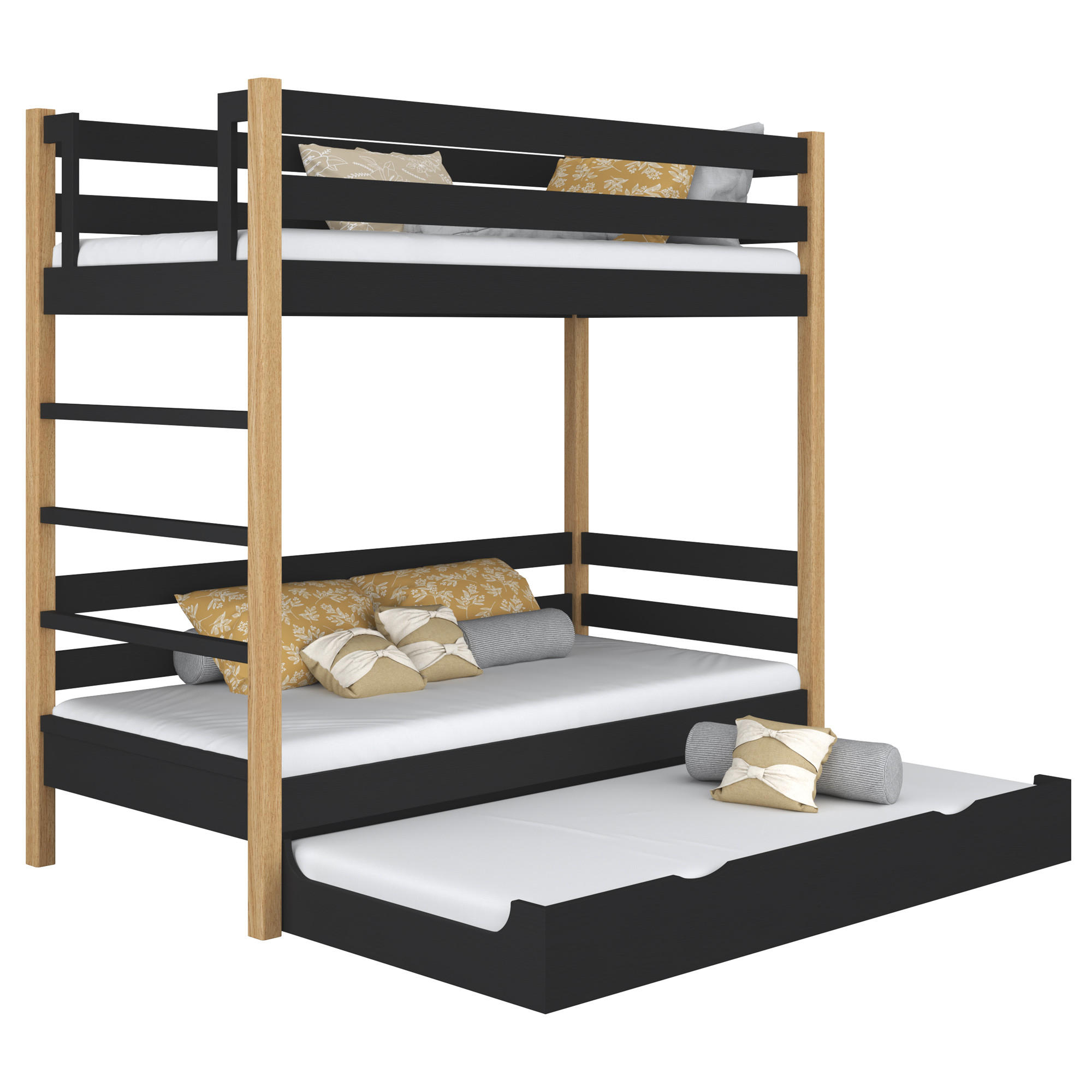 ETAGENBETT N03 mit Matratzenschublade Schwarz / Eiche Natur 90/180 - Schwarz/Eiche Artisan, Naturmaterialien/Holz (90/180cm) - N-Wood