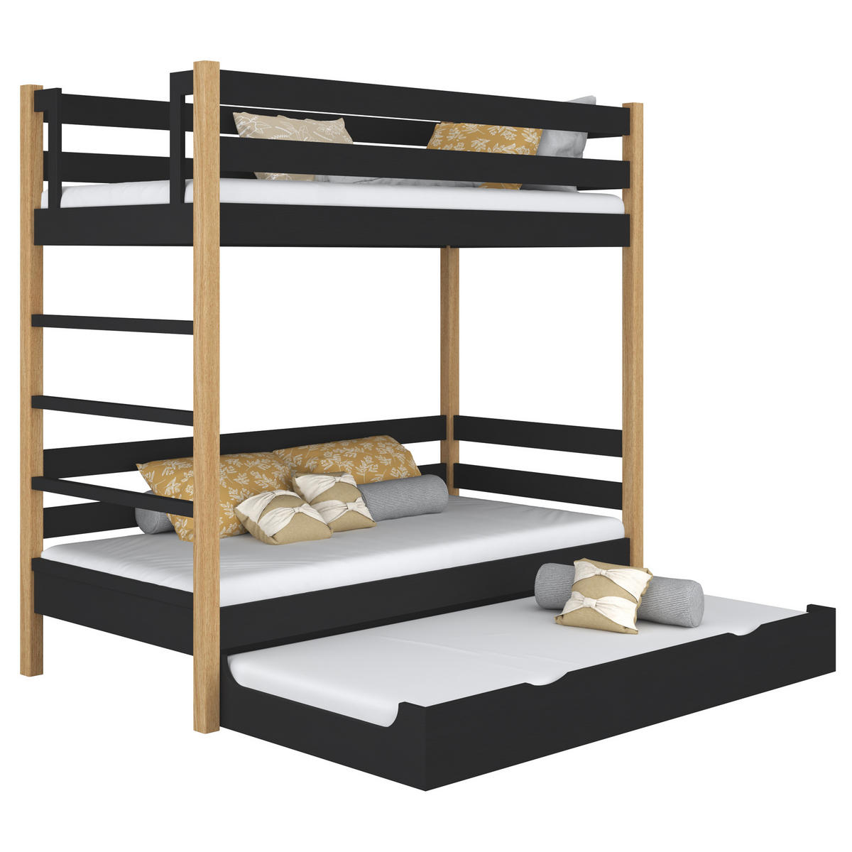 ETAGENBETT N03 mit Matratzenschublade Schwarz / Eiche Natur 120/180 - Schwarz/Eiche Artisan, Naturmaterialien/Holz (120/180cm) - N-Wood