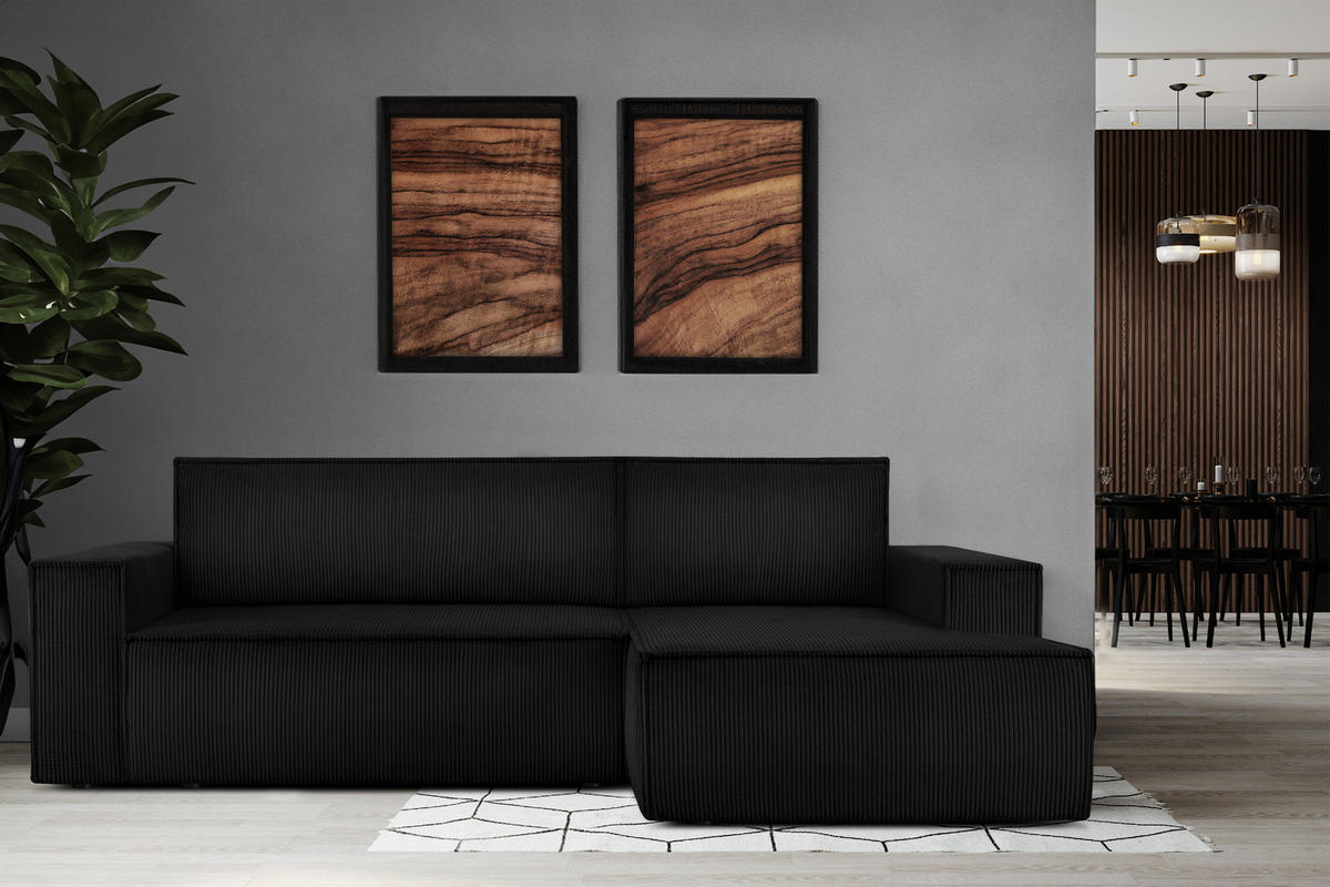 ECKSCHLAFSOFA-RECHTS NAPI in Pet Friendly Cord-Stoff, schwarz - Schwarz, Textil (262/148cm) - KONSIMO®