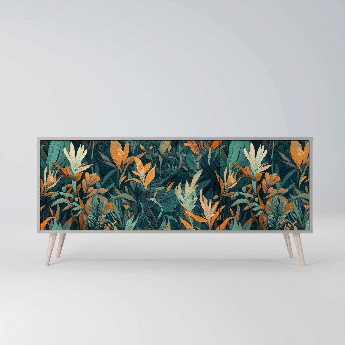 SIDEBOARD FLORAL SERENITY, Eicheneffekt, 164,5x42x77,5 cm, 3 Türen - Eichefarben/Buchefarben, Holzwerkstoff/Buchenholz (164.5/77.5/42cm) - SpaceRebels