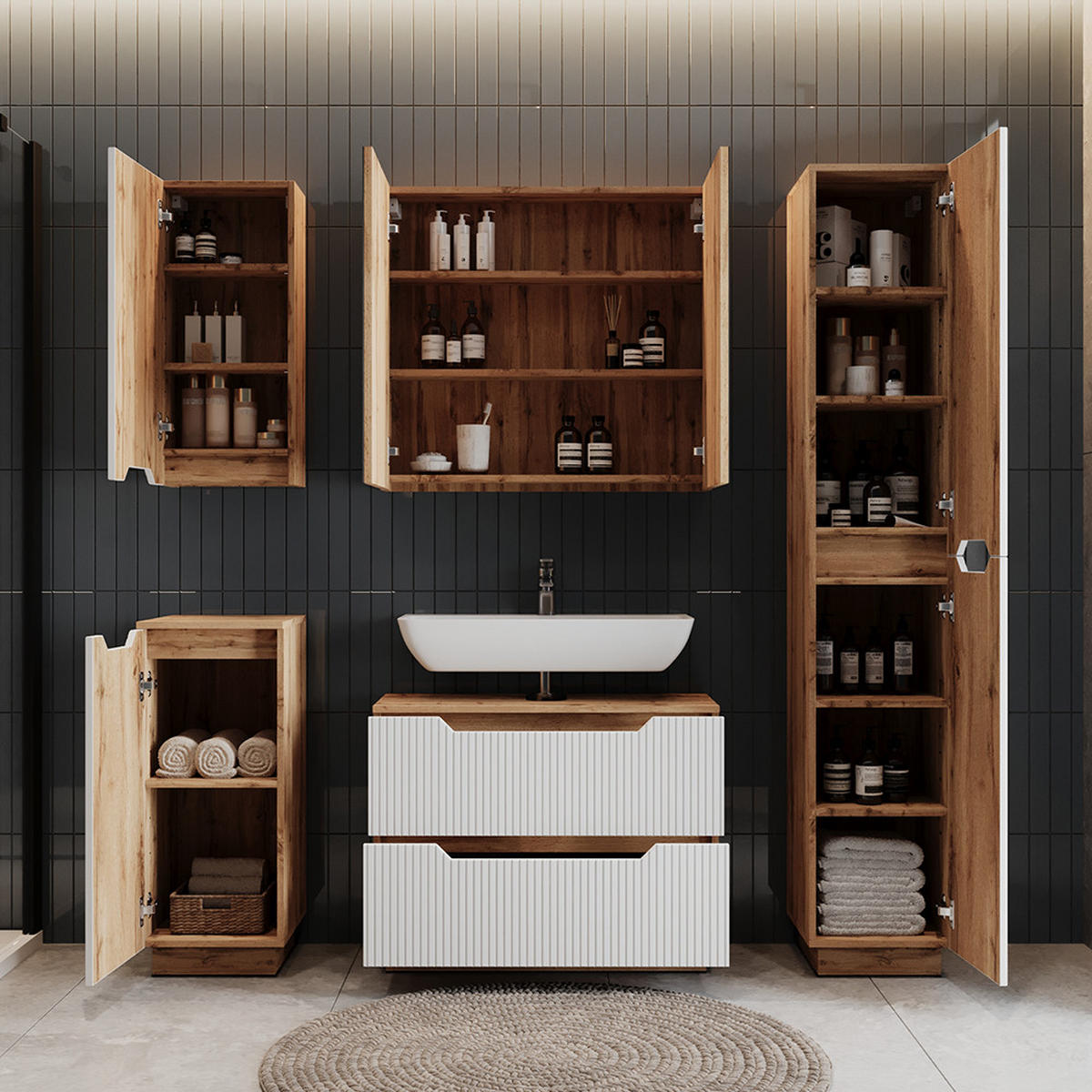 BADMÖBEL-SET Lotta Eiche/weiß gestreift 3 Teile - Eichefarben/Weiß, Holzwerkstoff (79.6/62.5/32cm) - Vicco