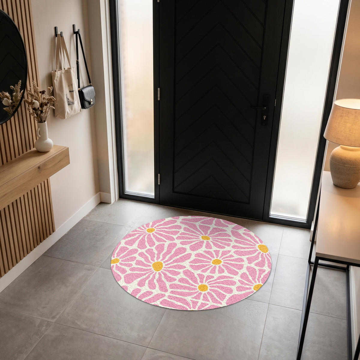 FUSSMATTE Blumen - Muster - Rosa - Beige - Orange Sauberlaufmatte 120x120 cm - Rosa, Kunststoff (120/120cm) - MuchoWow