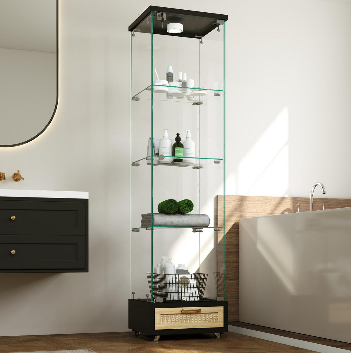 VITRINE 42,5/36,5/167 cm in Schwarz mit LED-Beleuchtung und Rollen - Schwarz, Holzwerkstoff (42.5/167/36.5cm) - Flora Grace