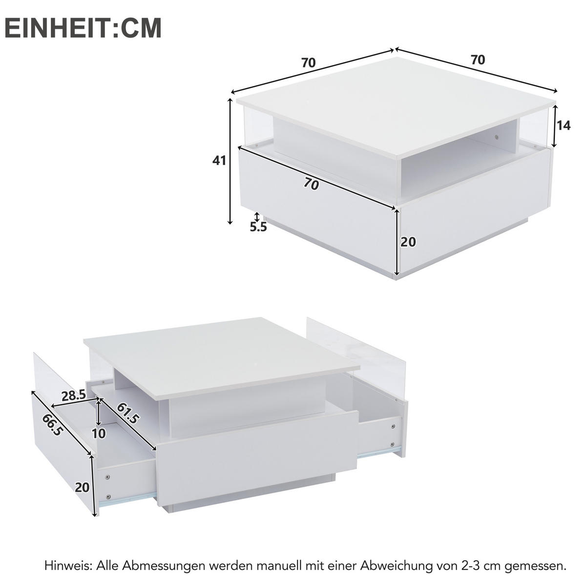 COUCHTISCH mit LED 70x70 cm Weiß mit 2 Schubladen - Weiß, Holzwerkstoff (70/70/41cm) - Meubliv