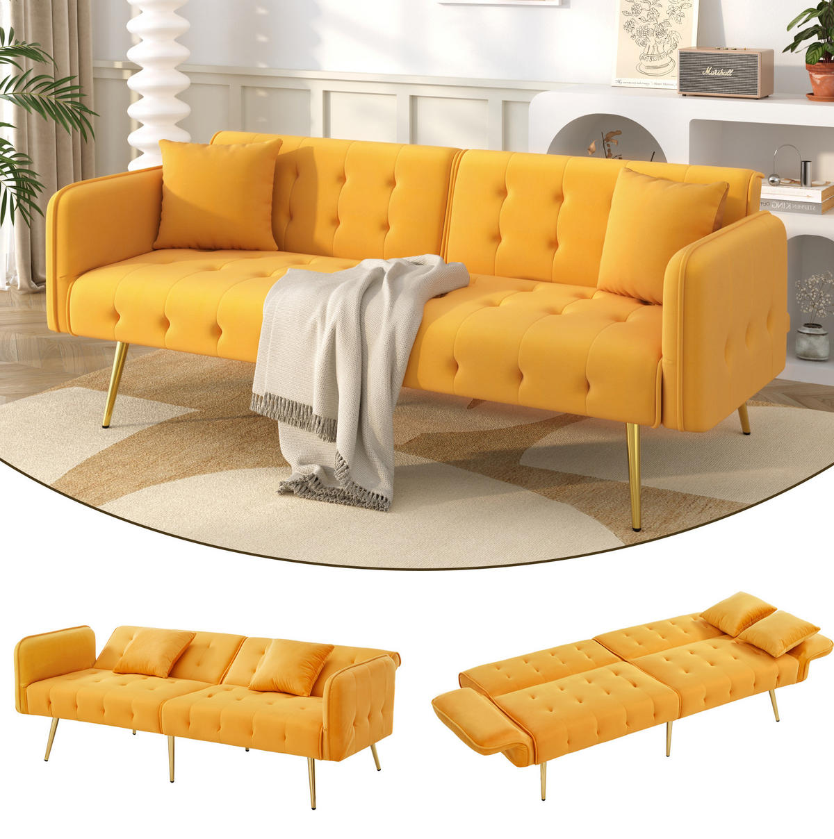 SOFABETT Samt mit verstellbarer Rückenlehne und Armlehnen Gelb 178/82/70 cm - Gelb, Textil (82/70/178cm) - Redom