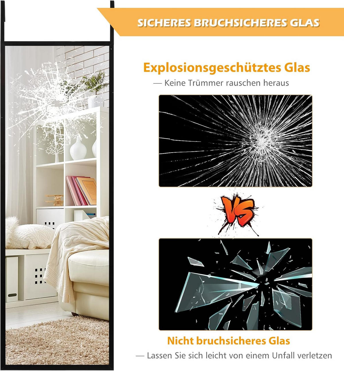 WANDSPIEGEL Türspiegel Schwarz - Schwarz, Glas (2/107/37cm) - COSTWAY