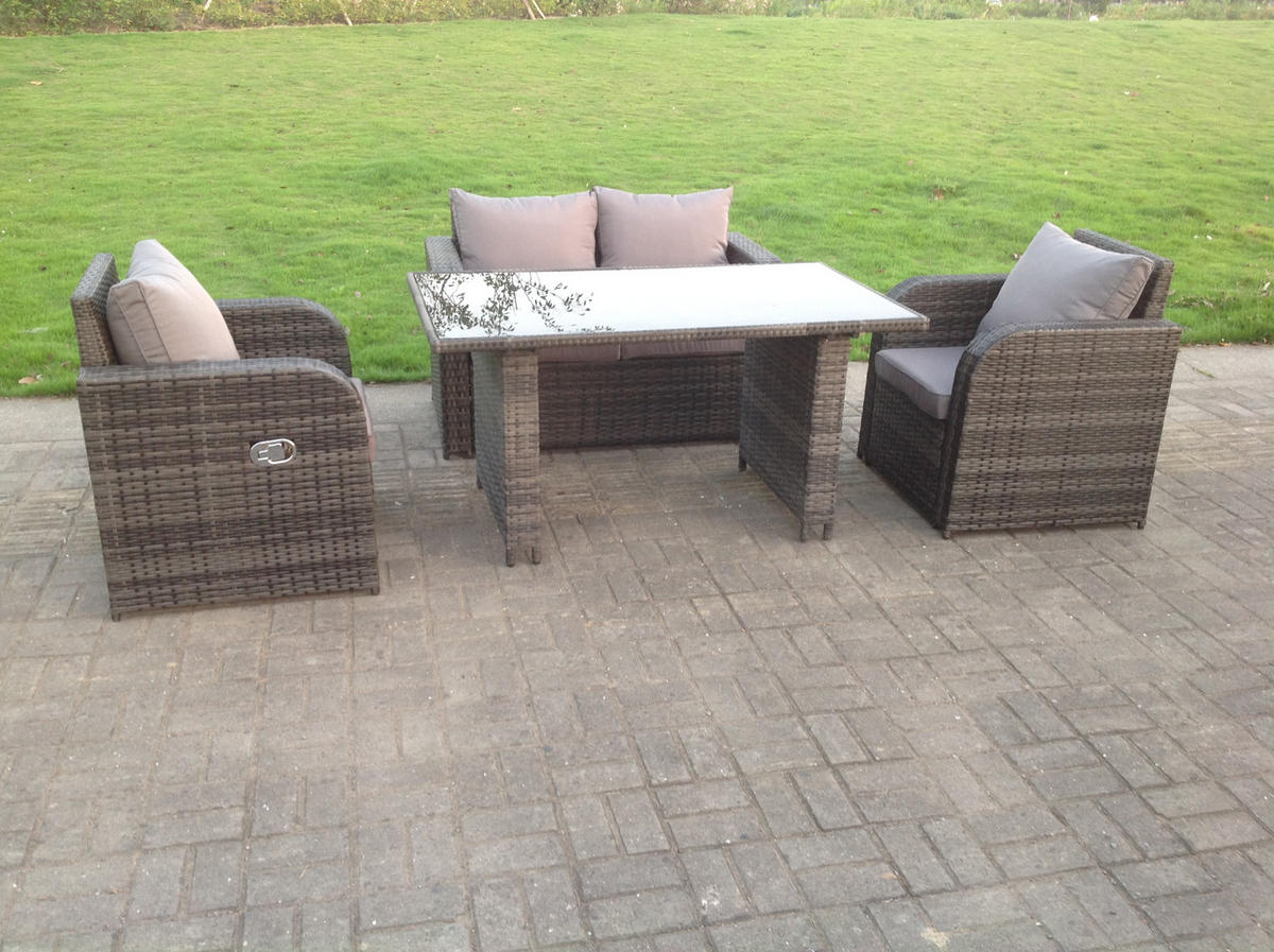 LOUNGESOFA-SET Polyrattan Dunkelgrau 4-Sitzer - Dunkelgrau/Grau, Glas/Kunststoff - Fimous