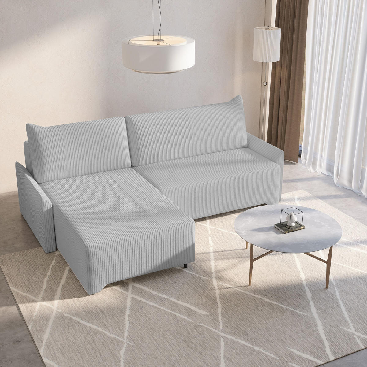ECKSCHLAFSOFA - Rocky - Links, Hellgrau (Poso 55) - Hellgrau/Schwarz, Holzwerkstoff/Metall (245/174cm) - Möblo