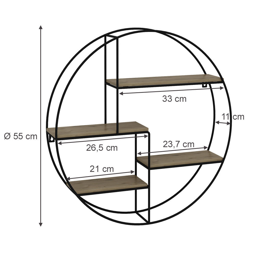 Thumbnail - Vicco Wandregal, Eiche, Schwarz, Holzwerkstoff, 4 Fächer, Rund, 55x55x11 cm, Wohnzimmer, Regale, Wandboards