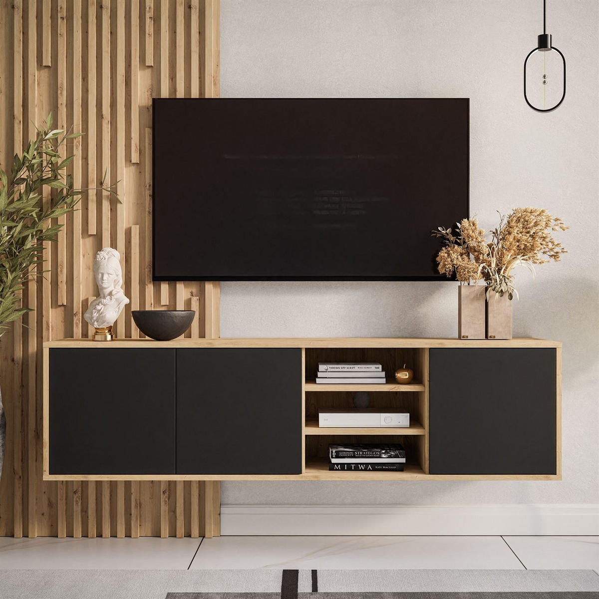 TV-ELEMENT SANAYI Hängend mit Regalen Eiche Artisan/Schwarz - Schwarz, Holzwerkstoff (156/41/38cm) - Lookway