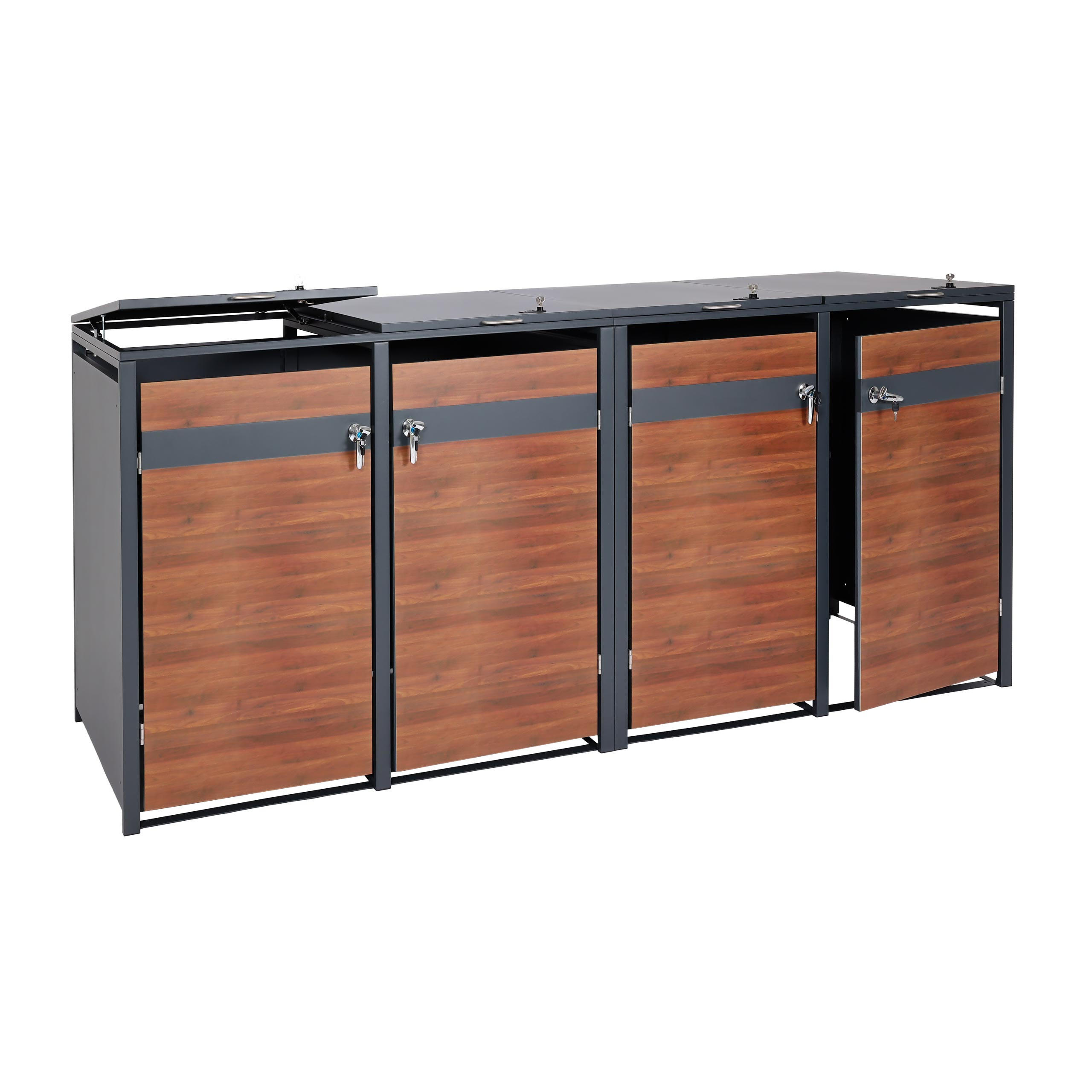 MÜLLTONNENBOX 4er/8er XL 117x290x98cm Anthrazit Kirsche-Holzoptik Dunkelbraun - Kirschbaumfarben, Metall (290/117/98cm) - PROREGAL