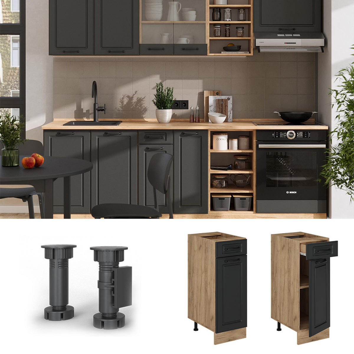 KÜCHENUNTERSCHRANK R-Line Anthrazit Landhaus 30 cm , AP Anthrazit - Honigeiche/Anthrazit, Holzwerkstoff (30/81.6/60cm) - Vicco