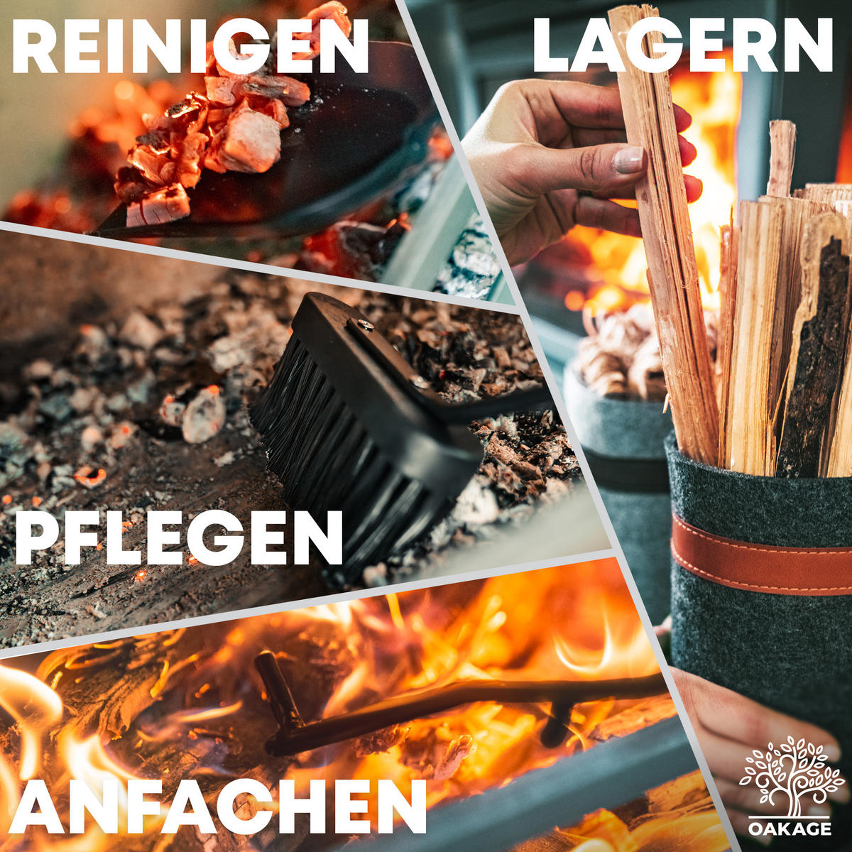 KAMINBESTECK FireMaster mit Zündholzkorb aus Filz - Dunkelgrau, Holz/Kunststoff (18/58/18cm) - OAKAGE