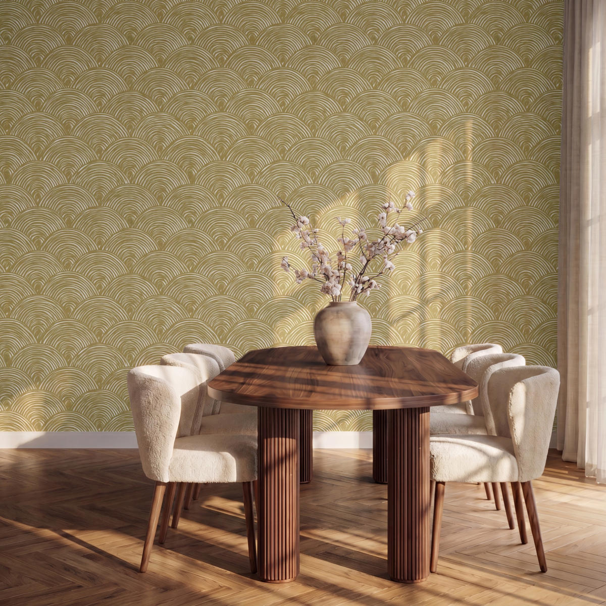 TAPETE - Fächer - Geometrisch - Grün - 350x260 cm - Goldfarben, Papier (350/260cm) - OnlyWow