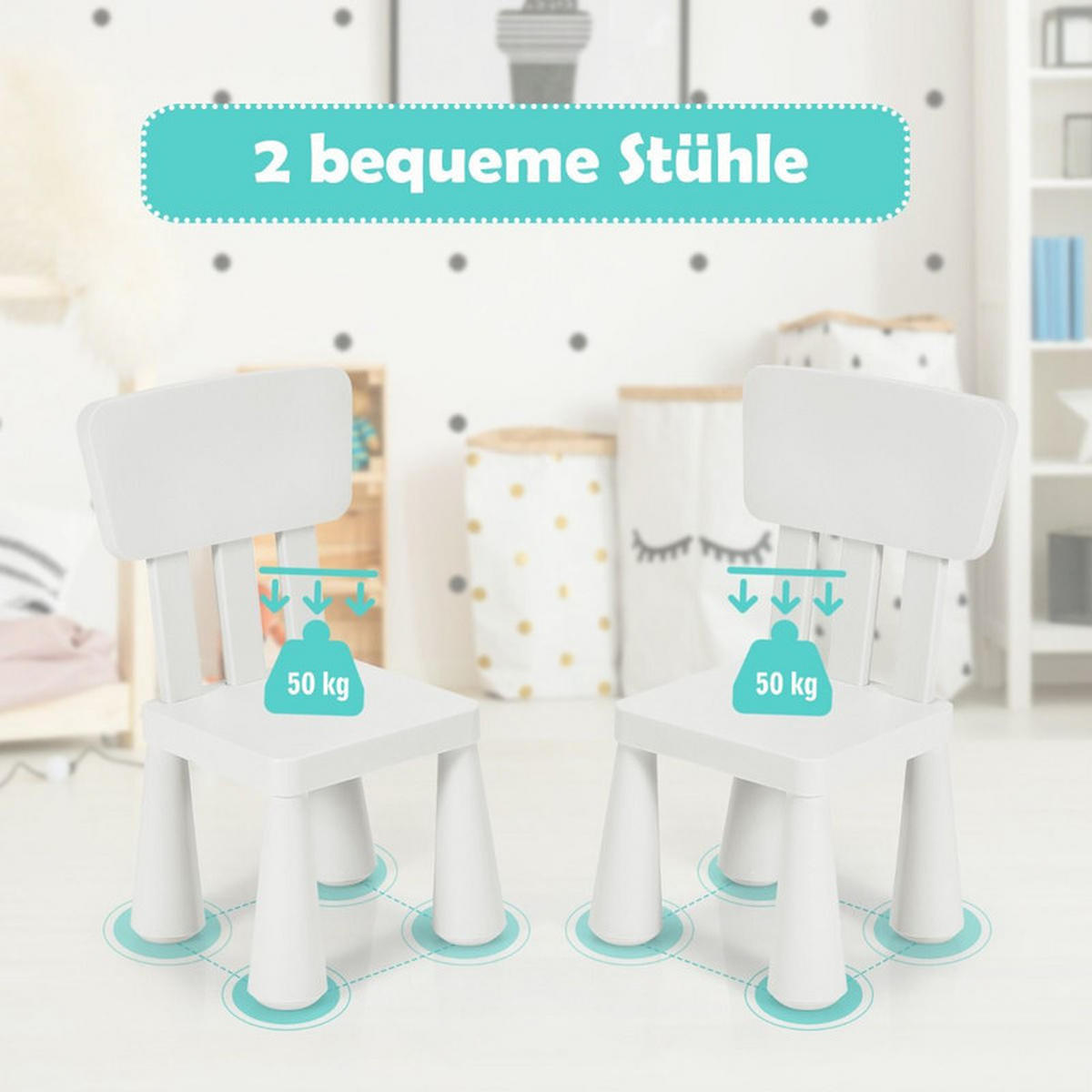 KINDERTISCH mit 2 Stühlen weiß(3-tlg) - Weiß, Kunststoff (76.5/49.5/54.5cm) - COSTWAY