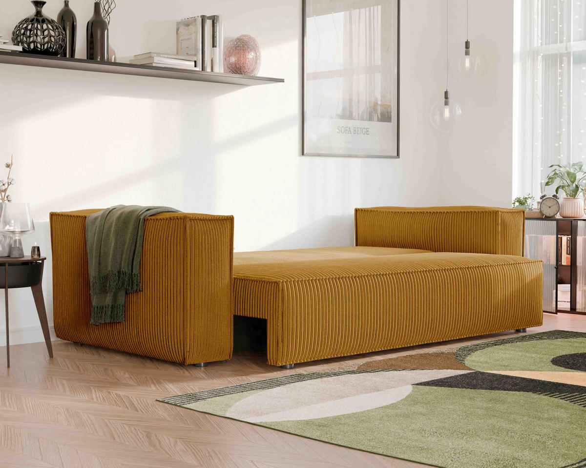 SOFA mit Schlaffunktion und Bettkasten, Senfgelb - Gelb, Holzwerkstoff/Textil (240/84/105cm) - Idohome
