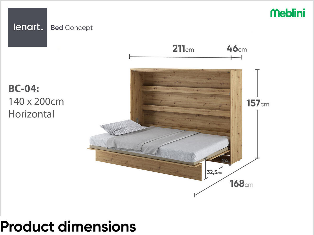 SCHRANKBETT BC-04 - 140x200cm Horizontal - Artisan Eiche - Eiche Artisan, Holzwerkstoff (200/140cm) - Meblini