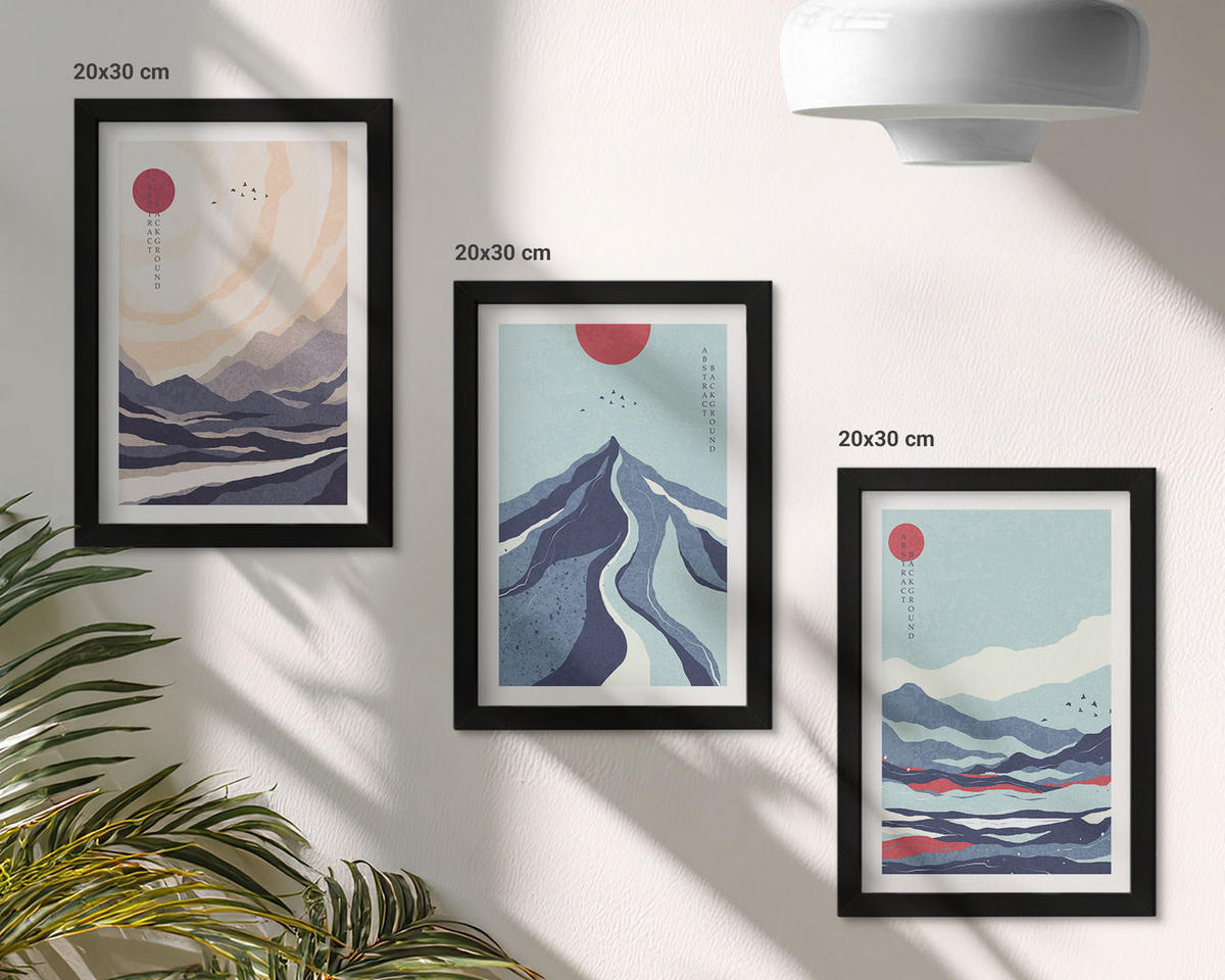 WANDBILDER 3er-Set - 20x30 cm Schwarzer Rahmen - Abstrakte japanische Berge - Schwarz, Kunststoff (20/30cm) - ArtPrintCave