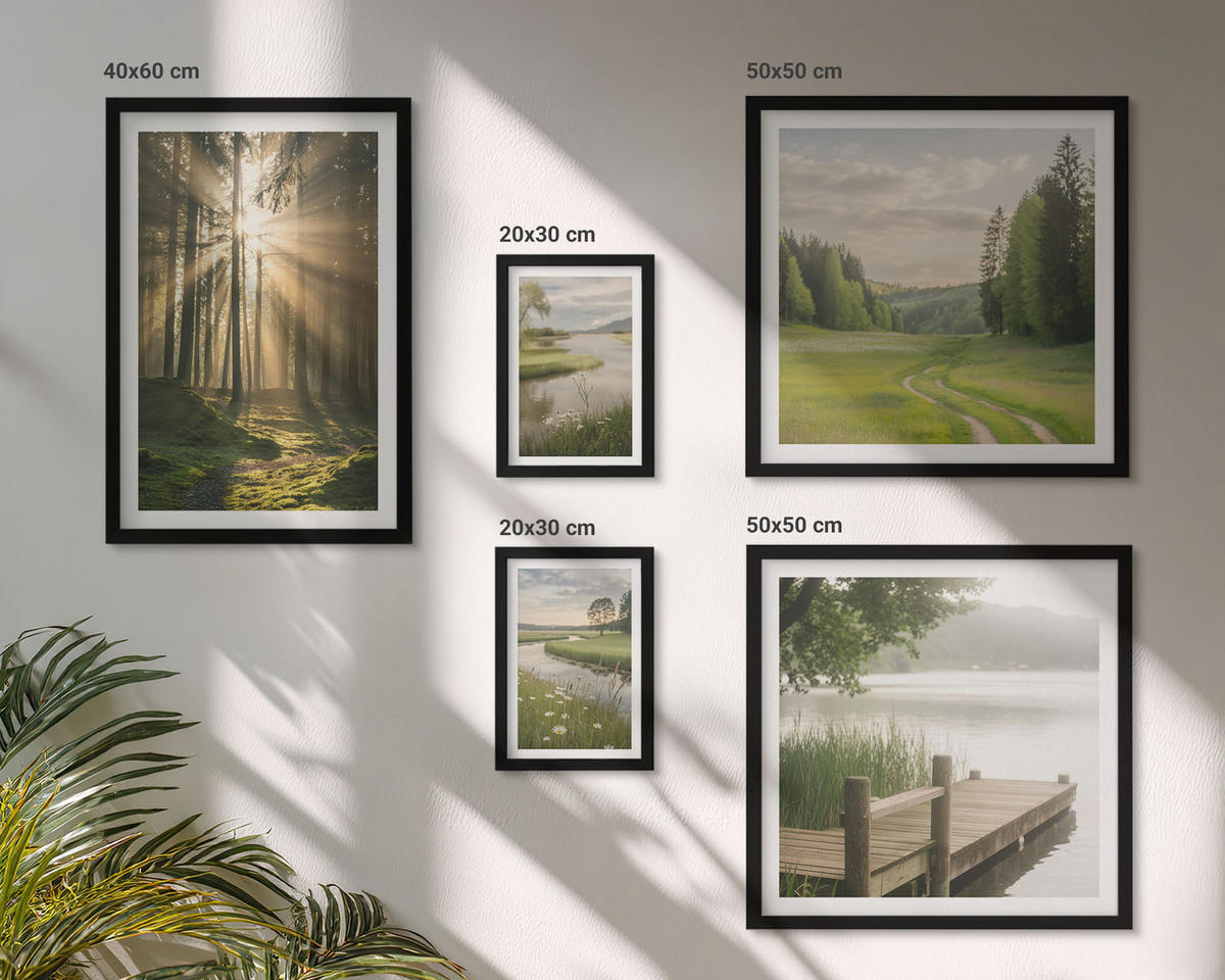 BILDER SET 5er Set - 50x50 cm & 20x30 cm & 40x60 cm Schwarzer Rahmen - Frühlingslandschaft Flusswiese - Schwarz, Kunststoff (40/60cm) - TULUP