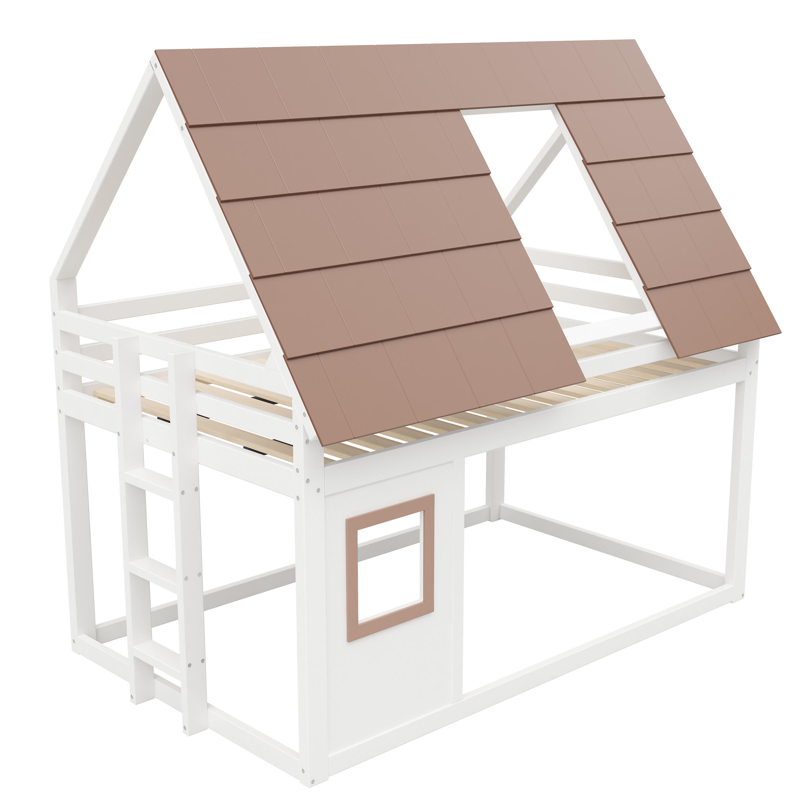 ETAGENBETT 140/200 cm DE-03380, mit Dach und Leiter, in Weiß/Braun - Braun, Holz/Holzwerkstoff (140/200cm) - ComfortXL