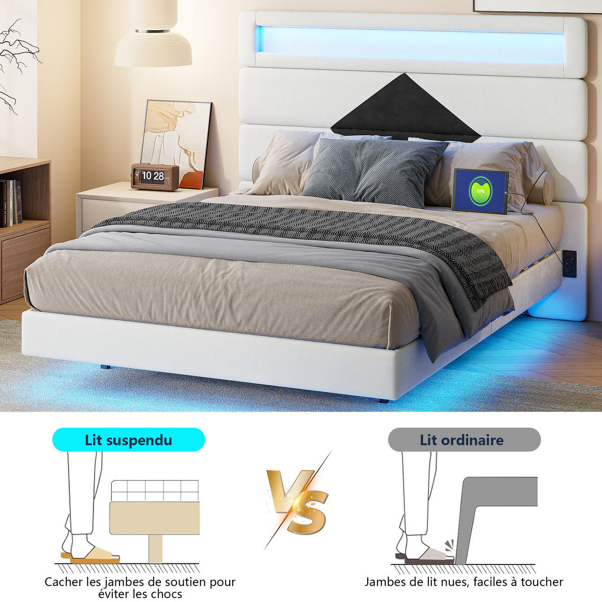 POLSTERBETT 140x190 cm LED USB Lattenrost Samt gepolstert weiß - Weiß, Holz (140/190cm) - LEBENLANG