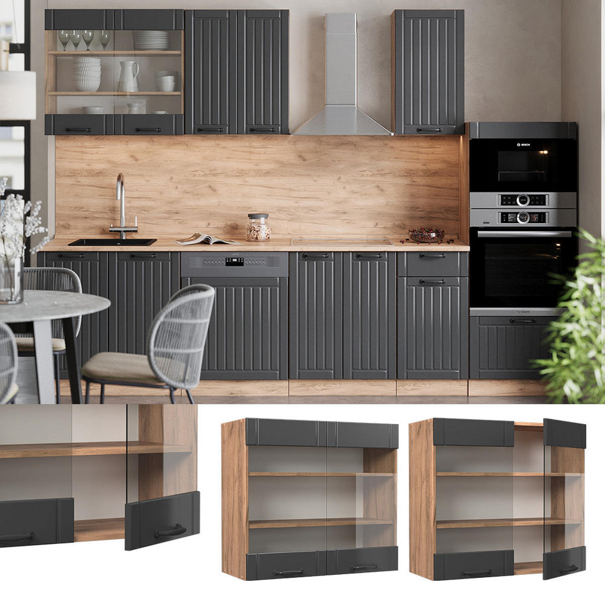 SKLENĚNÁ KUCHYŇSKÁ SKŘÍŇKA Fame-Line Tmavě šedá - medově dubová/tmavě šedá, kompozitní dřevo (80/72/34.1cm) - Vicco