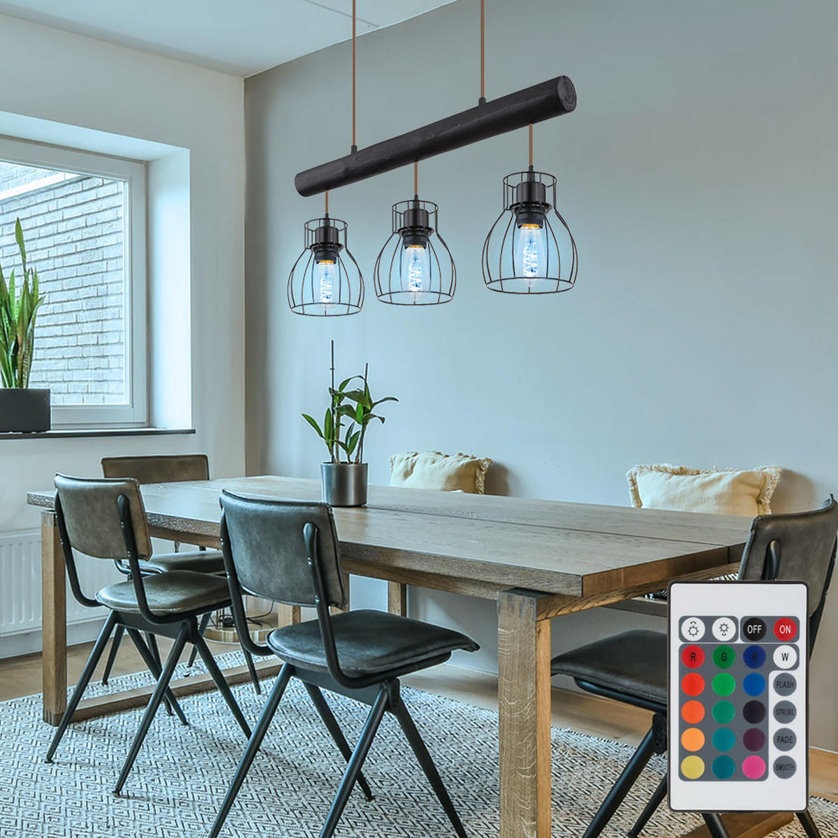 LED HÄNGELEUCHTE Holz Schwarz Metallgitter - Schwarz, Holz (60/13.6/140cm) - Globo Lighting