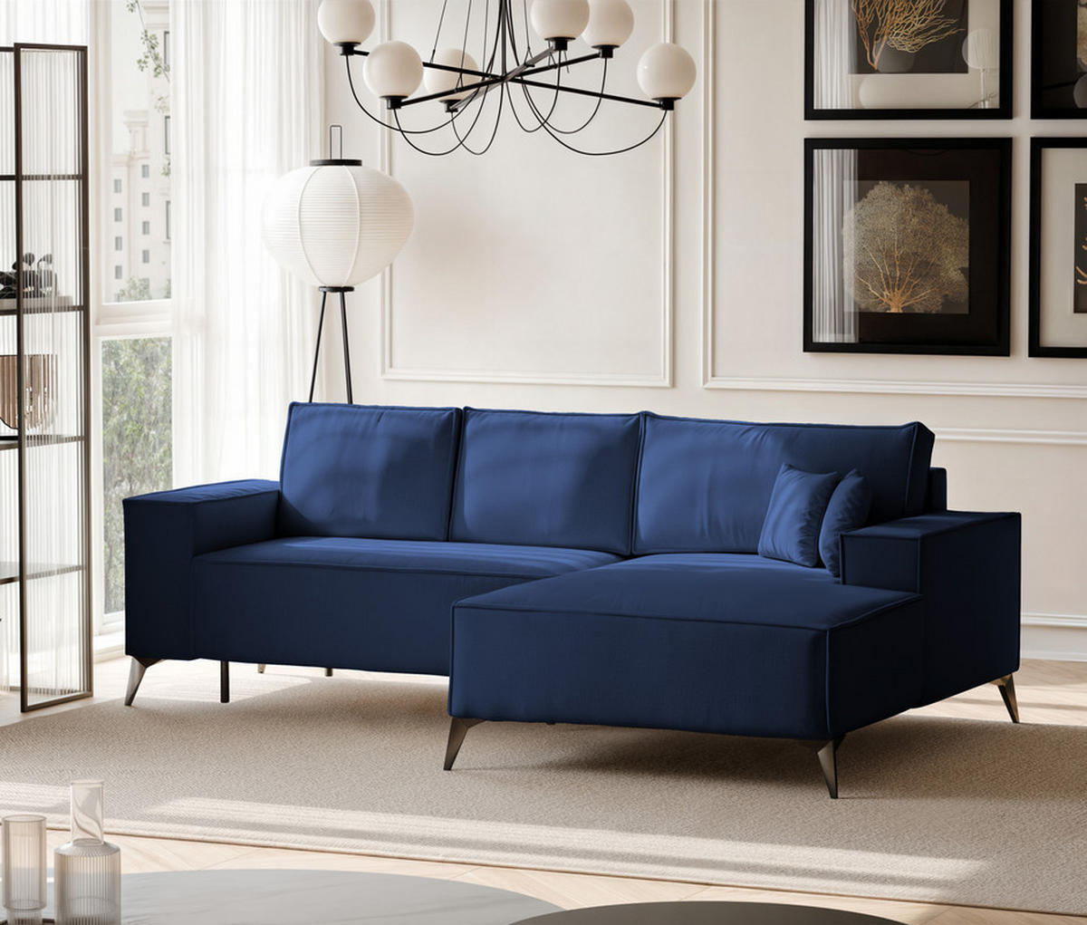 ECKSOFA OTIS Rechts, mit Schlaffunktion und Bettkasten, Marineblau - Dunkelblau, Textil/Metall (294/185cm) - Idohome