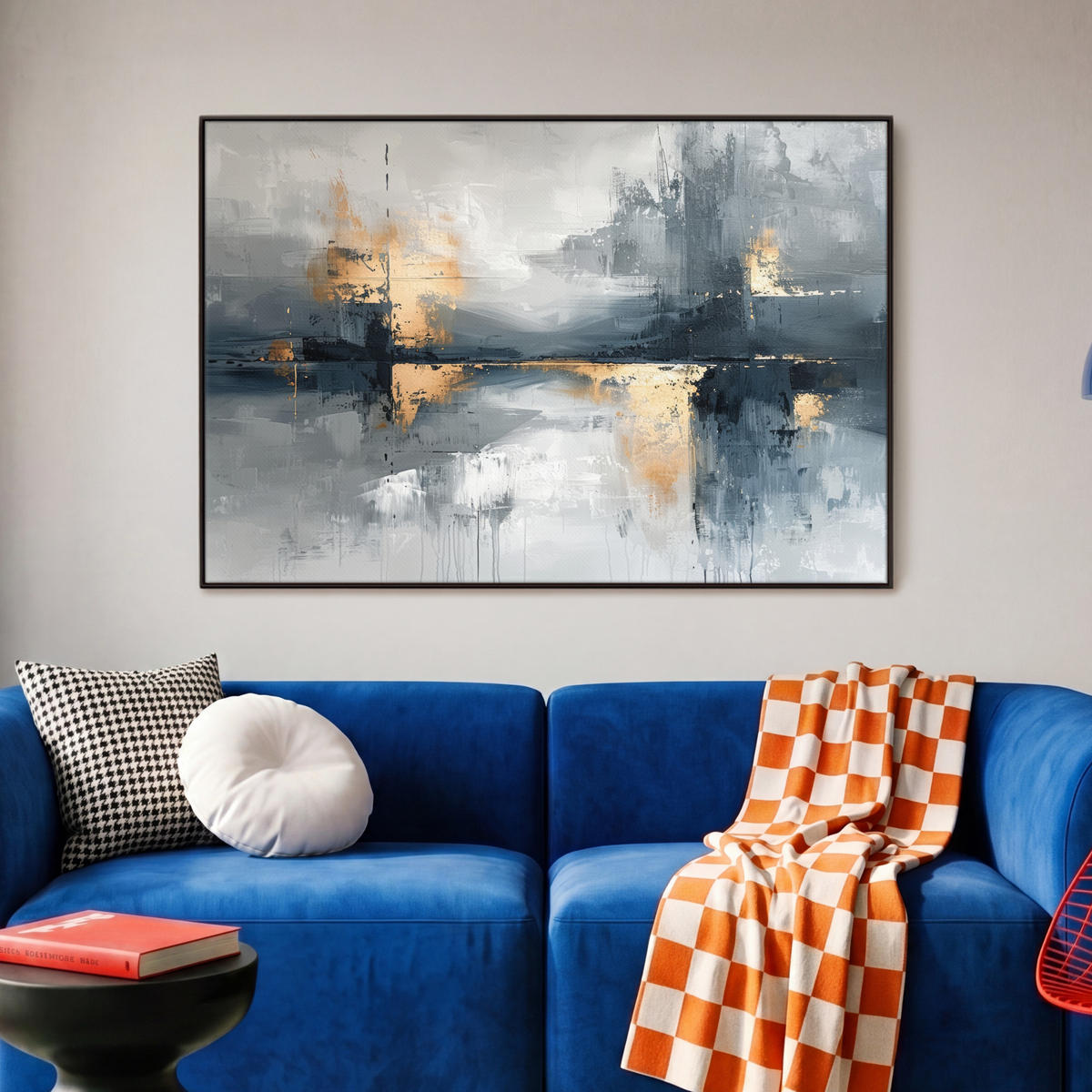 LEINWAND Bilder mit Rahmen - Kunst - Grau - Gold - Abstrakt - 90x60 - Dunkelgrau, Textil (90/60cm) - MuchoWow