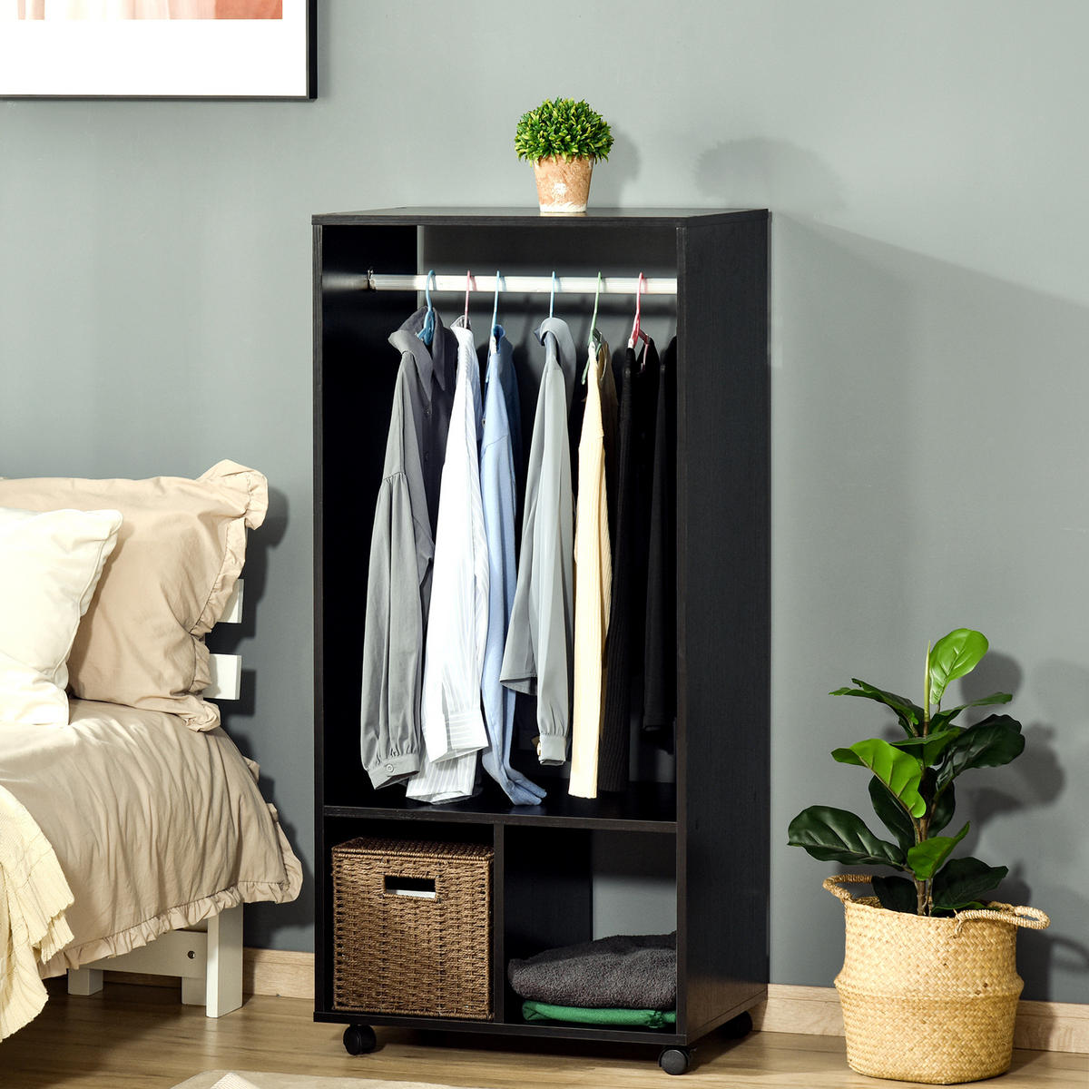 KLEIDERSCHRANK DE-17152 mit Kleiderstange & 2 Nischen Schwarz - Schwarz, Holzwerkstoff (40/128/60cm) - ComfortXL
