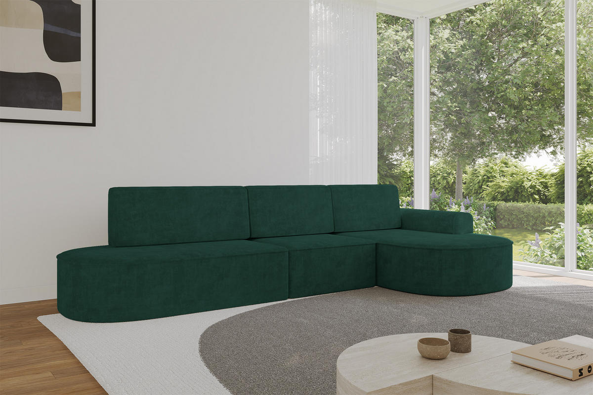 ECKSOFA mit Schlaffunktion Ottomane RECHTS MARI L2-S 368X167X85 Grün Velours - Waldgrün/Schwarz, Holzwerkstoff/Kunststoff (167/368cm) - ALTDECOR