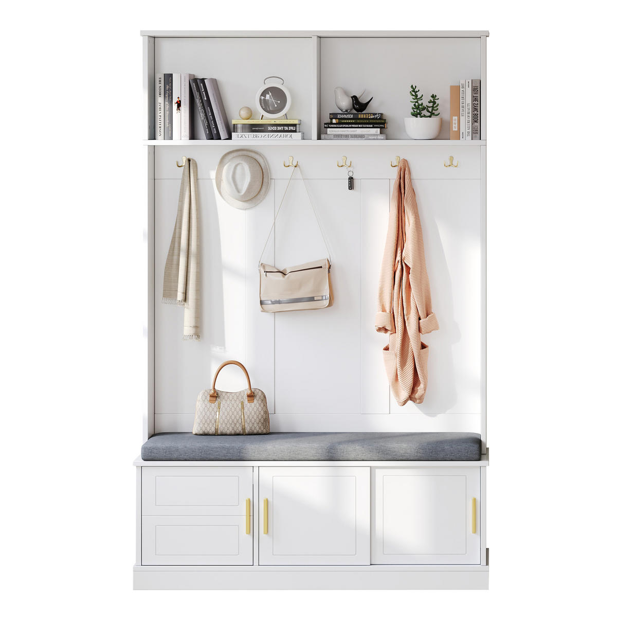 GARDEROBE 120/40/191 cm aus Spanplatte mit Schuhbank und 6 Dreifachhaken Weiß - Weiß, Holzwerkstoff (120/191/40cm) - Modenvie