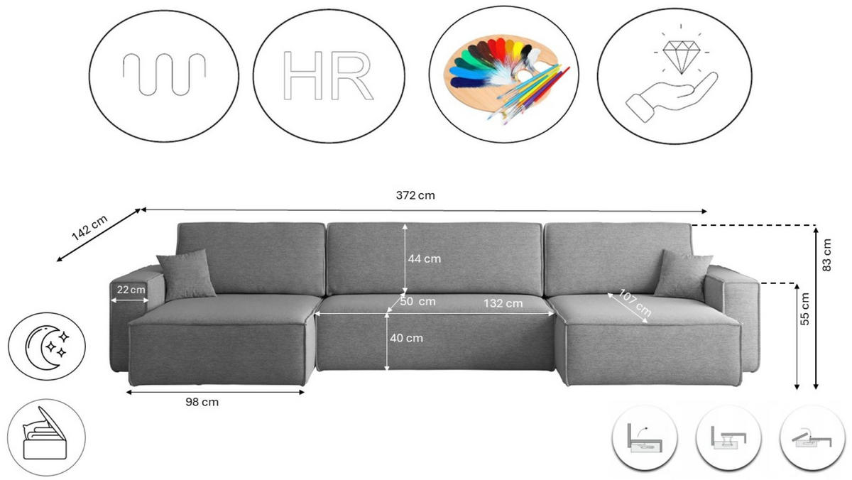 ECKSOFA Mit Schlaffunktion Und Bettkasten, Eckcouch BEST U XL Stoff Verita Stahl - Anthrazit, Holz (142/372cm) - Kaiser Möbel