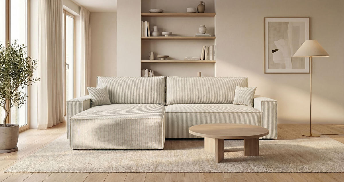 ECKSOFA VIENNA links weiß Cord Poso 100 - Schlaffunktion, Bettkasten - Weiß, Textil (285/185cm) - Cornero