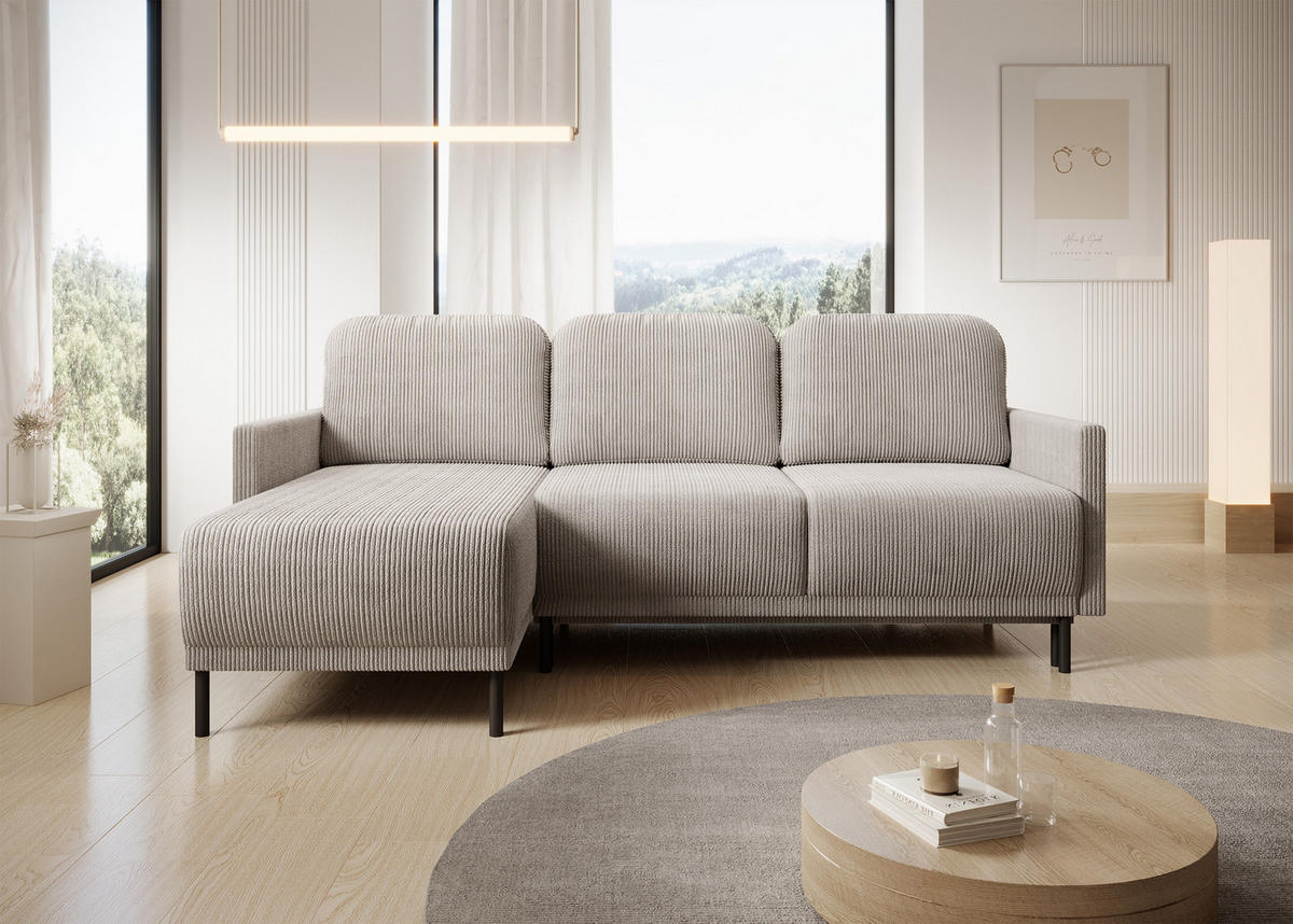 ECKSOFA Hamiel Hellbeige Cordbezug - Ecru/Schwarz, Holz/Textil (212/142cm) - Selsey